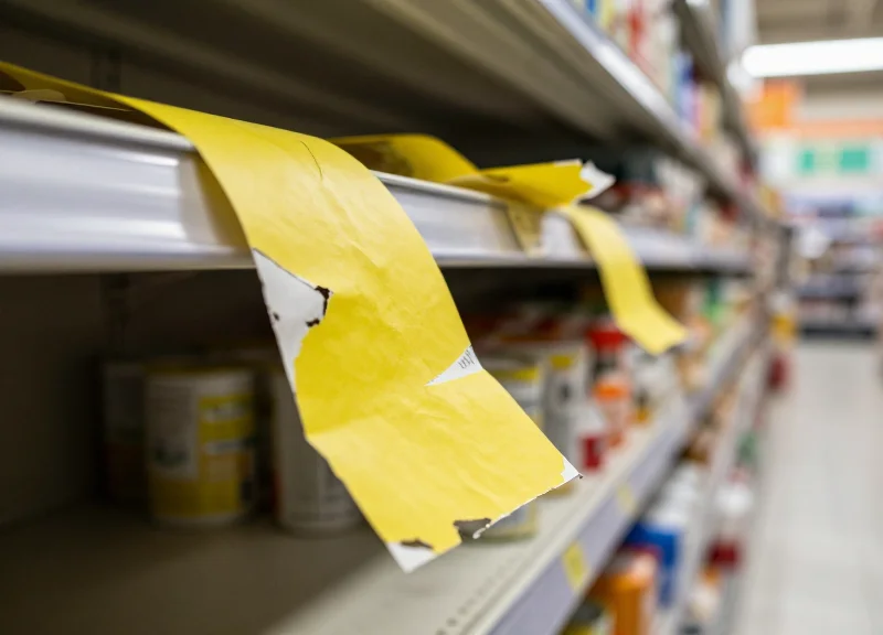 Close-up of a grocery store shelf with messy, peeling, and hand-written paper price tags showing inefficiency.