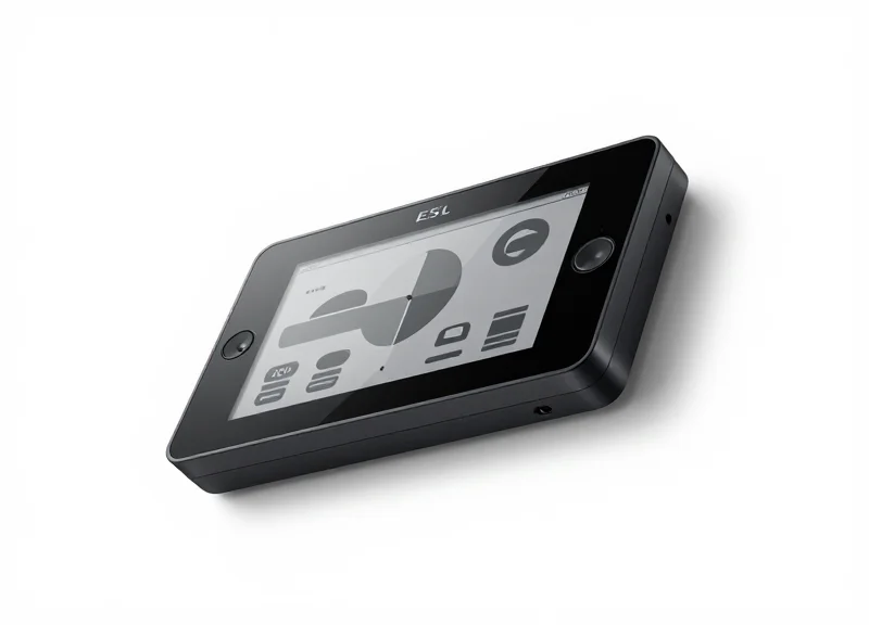 High-resolution studio shot of a sleek modern electronic shelf label with a matte black frame.