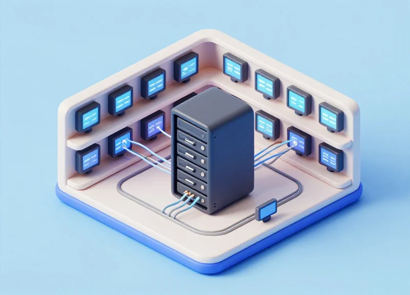 Isometric 3D model showing a central server sending glowing data streams to multiple digital labels in a retail store.