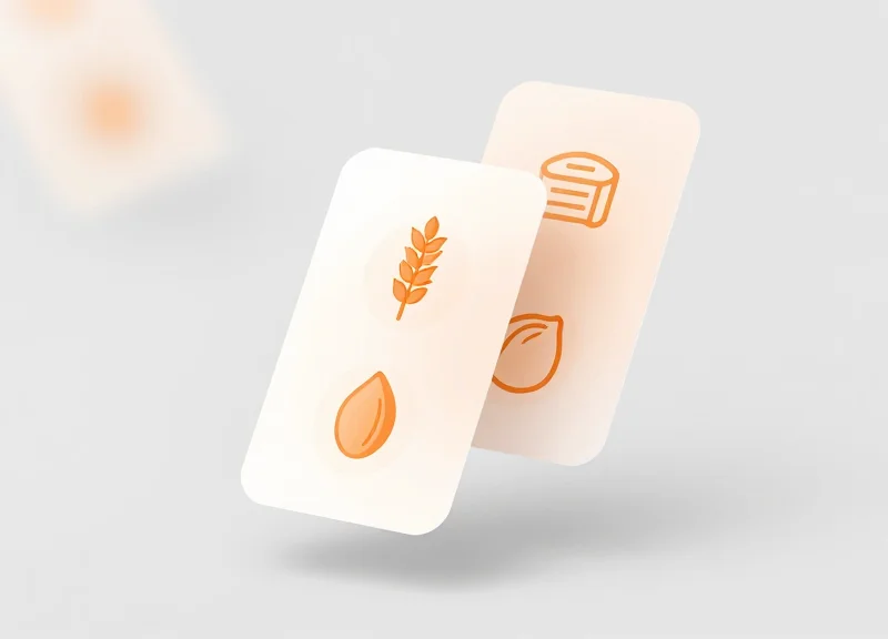 Abstract interface design for a digital shelf label featuring clear icons for allergens like peanuts and milk without text.