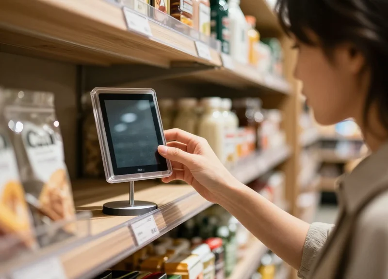 A satisfied customer in a modern grocery store looking at a digital shelf label while holding a food product.