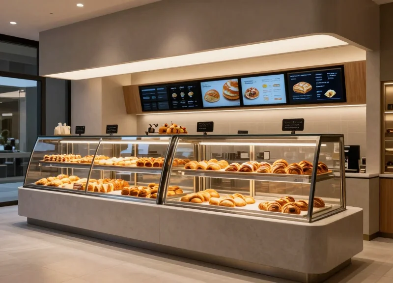 A futuristic bakery interior in 2026 with sleek minimalist design and warm lighting