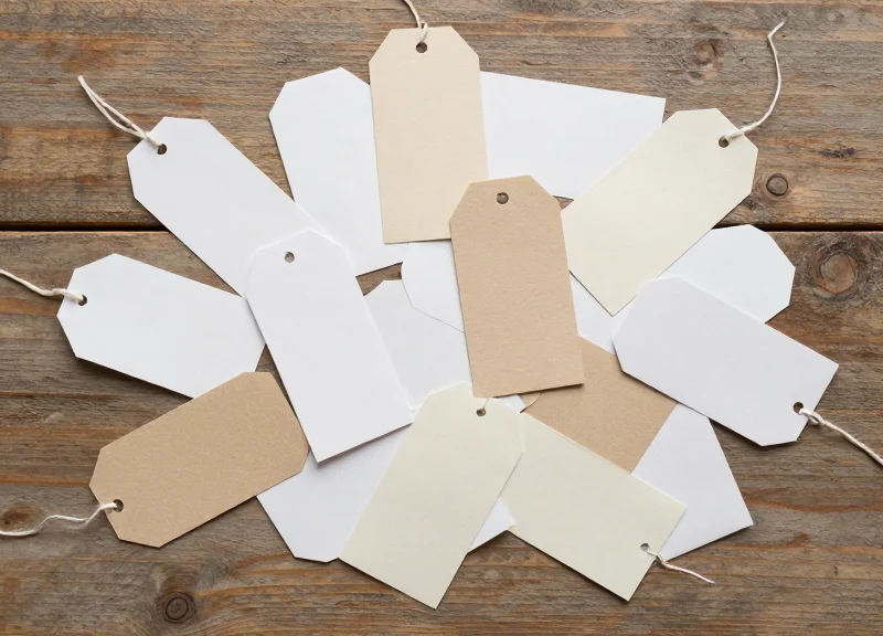 A flat lay photography of discarded paper price tags and old bakery signage