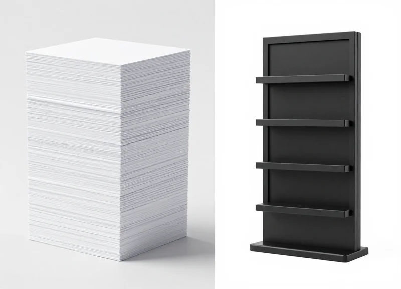 A side-by-side comparison of a single digital E-Ink tag versus a stack of paper labels
