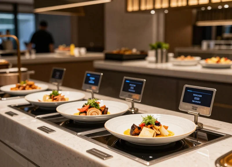 A high-end modern buffet restaurant with sleek digital labels identifying gourmet dishes.