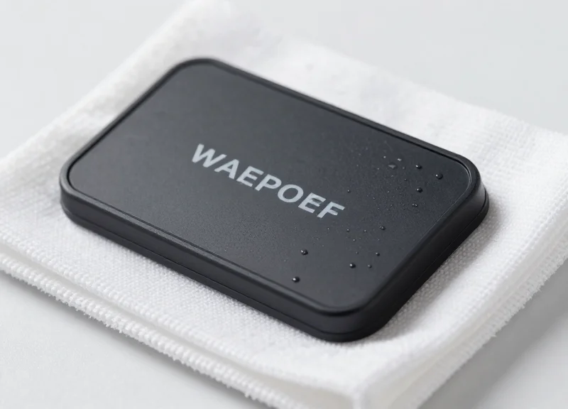 A waterproof digital buffet label being wiped clean with a soft cloth to show hygiene standards.