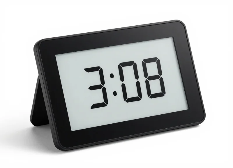 A high-tech electronic shelf label with a sleek black frame and clear digital display.