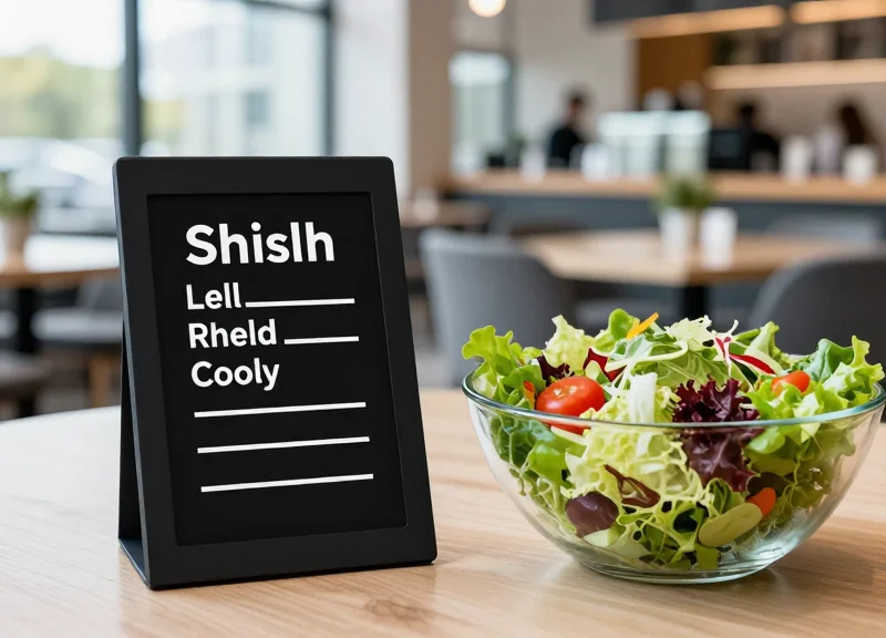 A digital display tag positioned next to a fresh bowl of salad at a food station.