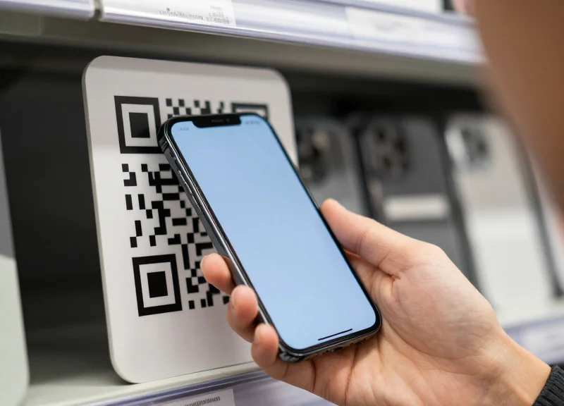 A customer holding a smartphone to scan a digital tag on a store shelf for allergen information.