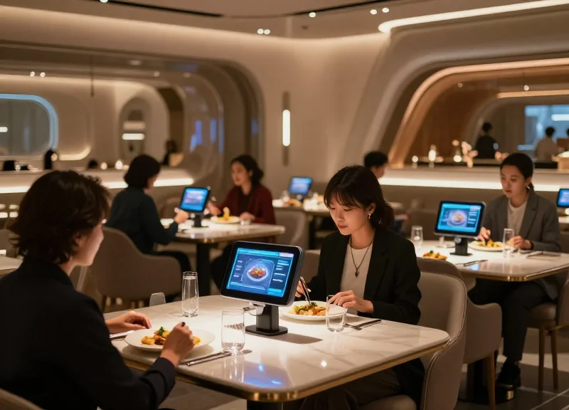 A modern restaurant scene in 2026 with diners using smart technology at their tables.