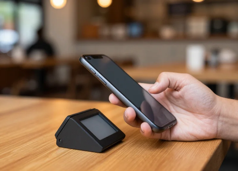 A hand tapping a smartphone against a table-top nutritional display in a restaurant.