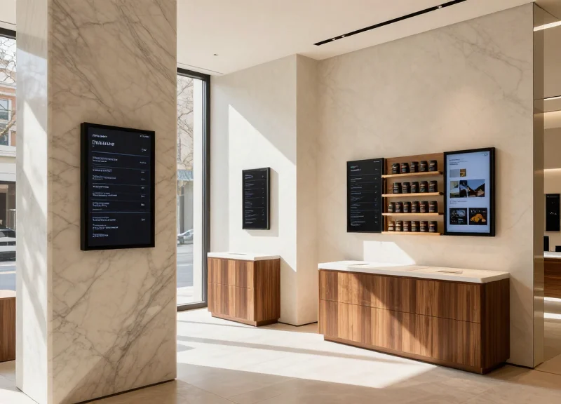 Electronic shelf labels blending seamlessly with luxury store fixtures made of marble and dark wood.