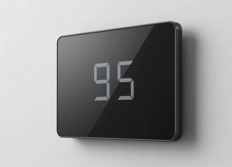 A sleek, minimalist electronic shelf label with a sharp digital screen, showing a clean interface on a premium matte casing.
