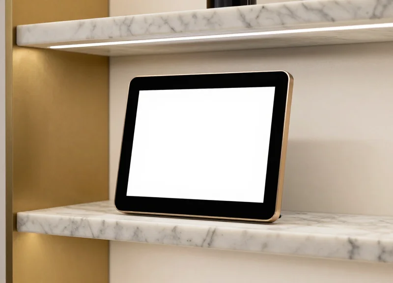 Close-up of a digital price tag seamlessly integrated into a gold-trimmed luxury display shelf.