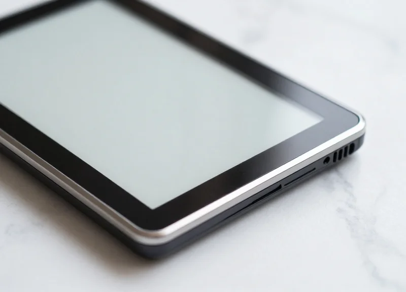 A close-up product shot of a next-generation electronic shelf label with a sleek metallic frame and e-ink display on a white background.