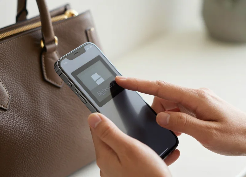 A customer's hand bringing a luxury smartphone close to a small electronic tag on a designer handbag shelf to trigger an NFC connection.
