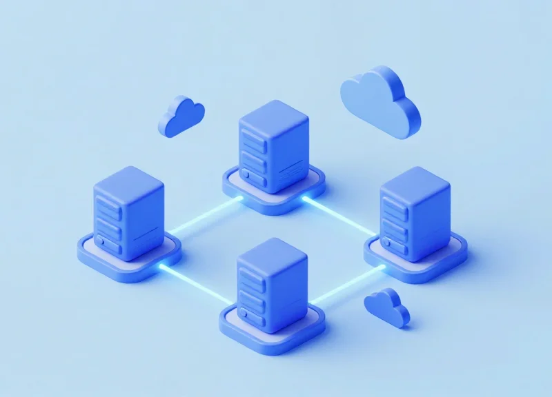 A 3D isometric illustration showing the connection between a retail store, cloud servers, and customer data systems.