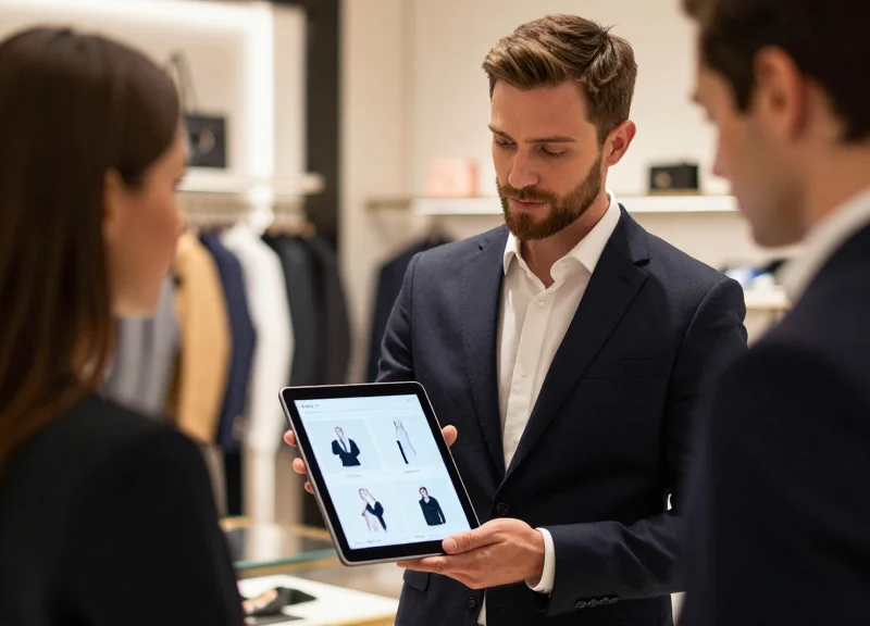 A professional sales associate in a luxury boutique using a tablet to provide personalized recommendations to a client.