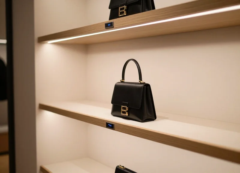 A minimalist luxury fashion boutique featuring clean wooden shelving with subtle, integrated electronic shelf labels.