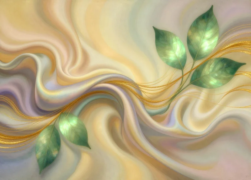 Abstract illustration of a high-end fabric intertwining with green organic elements to represent sustainable luxury.