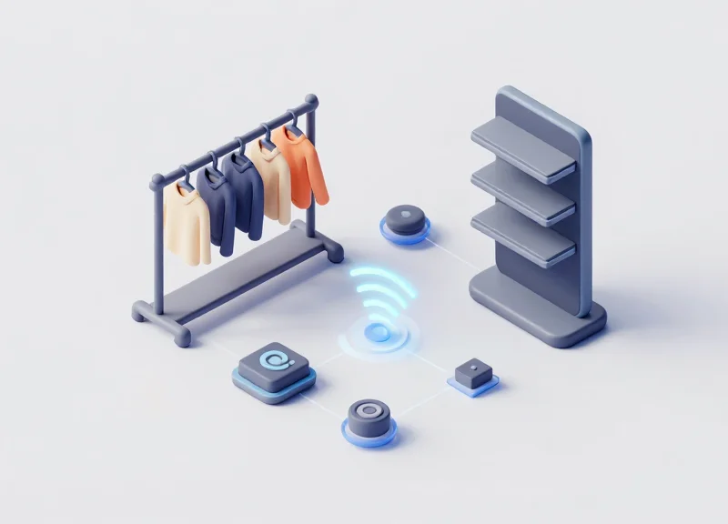 3D isometric model of a store inventory system showing the connection between RFID tags and shelf displays.