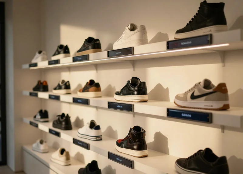 High-end luxury footwear boutique interior with minimalist shelving and modern electronic shelf labels