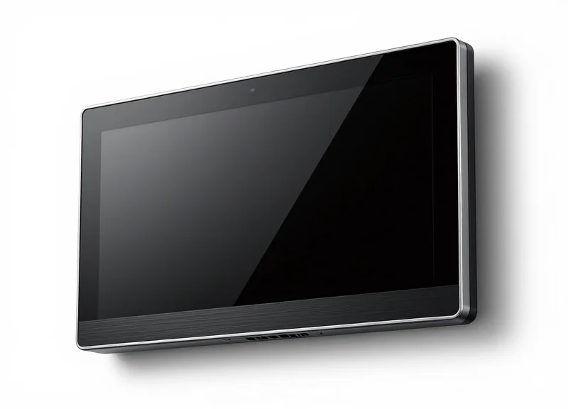 Close-up of a premium minimalist electronic shelf label with a matte black finish and metallic trim