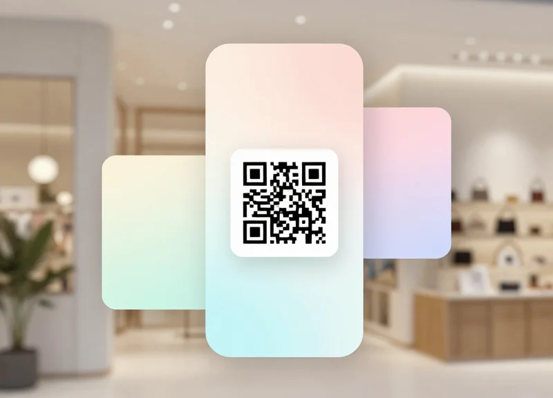 An abstract mobile interface showing a QR code scanning flow with a glassmorphism effect.
