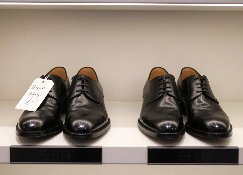 A side-by-side comparison of a messy paper price tag versus a sleek electronic shelf label in a luxury shoe boutique.