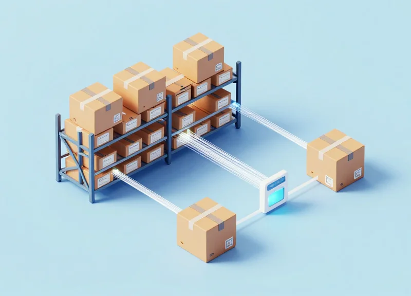 Isometric 3D model showing the connection between shelf labels and inventory systems.