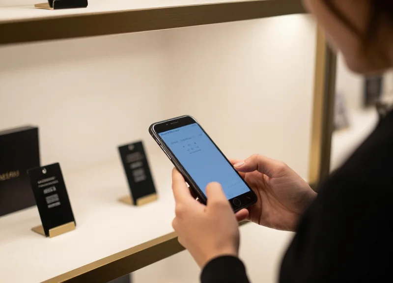 A stylish customer interacting with a digital price tag in a high-end shoe store using their phone.