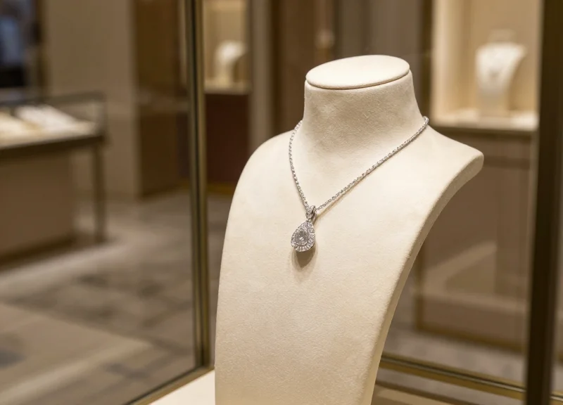 Luxurious jewelry boutique interior with sparkling diamond rings in glass displays.