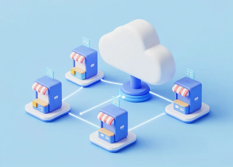Isometric 3D model of a cloud server connecting to retail store inventory.
