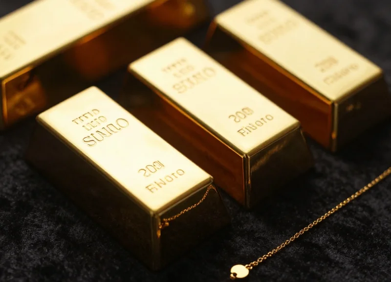 Close-up of gold bars and necklaces reflecting warm light
