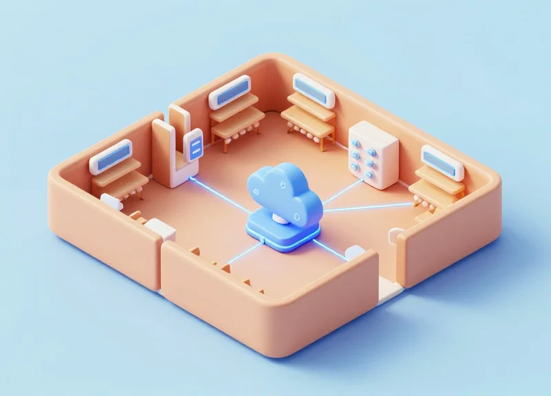 Isometric 3D model showing a store network connected to a cloud server