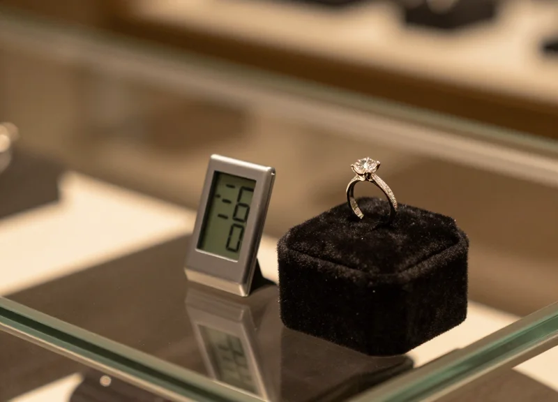 A micro electronic shelf label placed next to a luxury diamond ring in a jewelry showcase