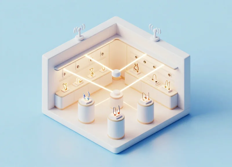 Isometric view of a jewelry store layout with wireless signal coverage mapping