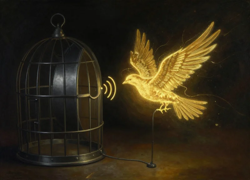 Metaphorical illustration of light escaping from a metal cage