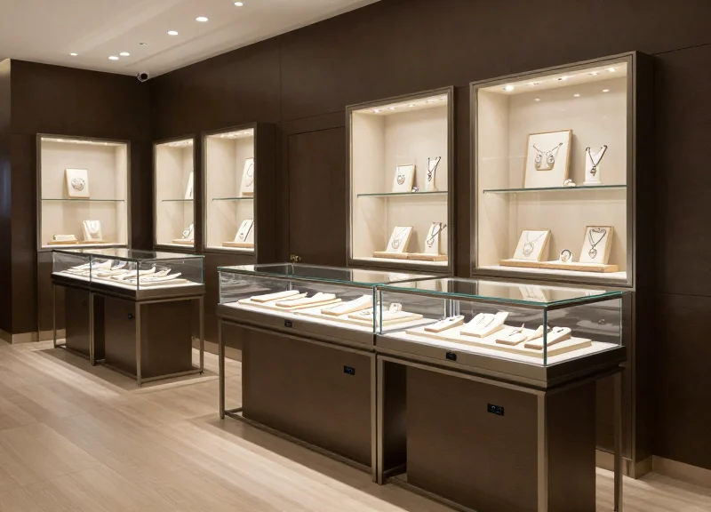 A modern jewelry boutique using electronic shelf labels in metal display cases