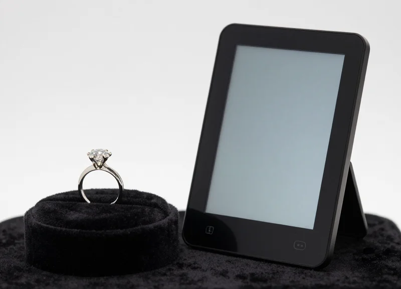 A sleek, minimalist electronic shelf label next to a luxury diamond ring on a velvet stand.