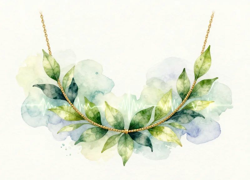 Watercolor illustration of a gold necklace entwined with green leaves and a glowing digital line.