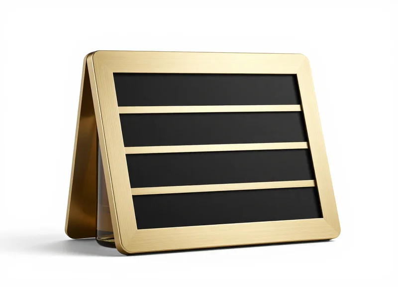 Close-up of a minimalist electronic shelf label with a metallic finish next to a perfume bottle.