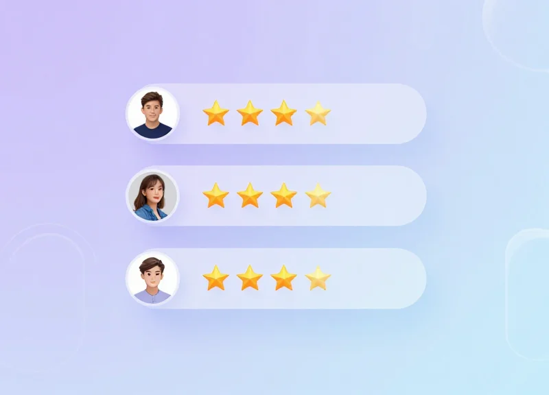 A modern abstract UI mockup featuring star ratings and profile icons with a glassmorphism effect.