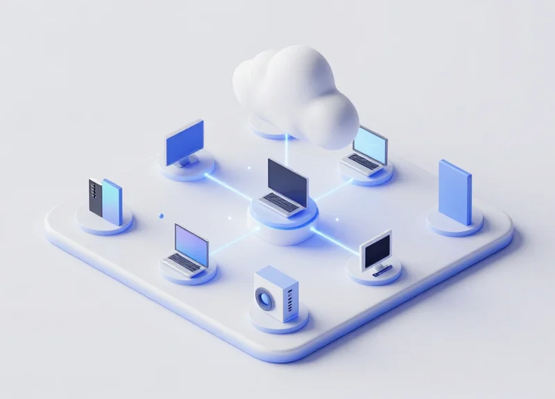 Isometric 3D view of a cloud server connecting to electronic shelf labels through glowing digital pathways.