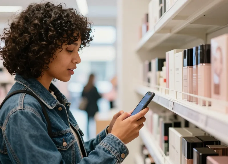 A stylish Gen Z shopper interacting with a digital display in a modern beauty boutique.