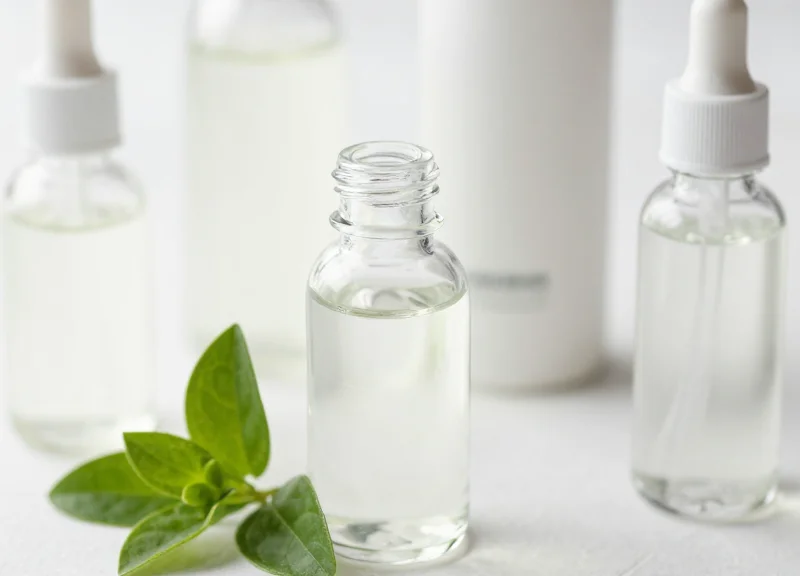 Clean beauty products with natural botanical elements and soft morning light.