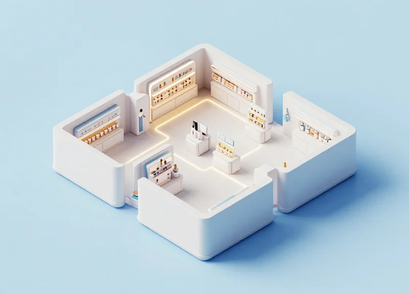 Isometric 3D view of a modular beauty store system representing a strategic implementation roadmap.