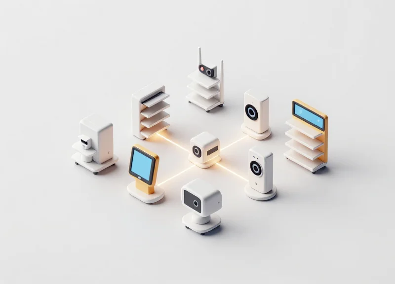 Isometric 3D view of a retail technology system showing ESL labels, RFID signals, and EAS sensors working together.