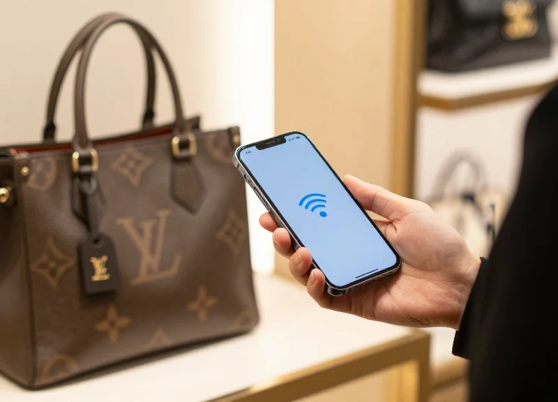 A customer using their smartphone to interact with a handbag's NFC-enabled digital tag in a boutique.