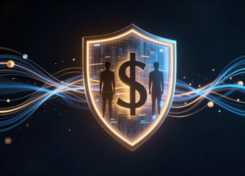Abstract digital representation of security shields and data protecting high-value assets.